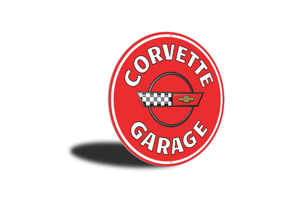 Corvette Garage Car Sign made of high-quality aluminum, featuring vibrant colors and customizable text, perfect for car enthusiasts.