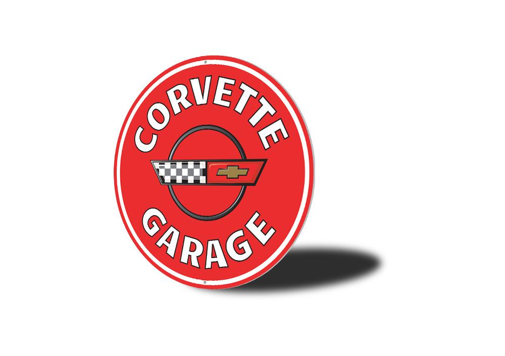 Corvette Garage Car Sign made of high-quality aluminum, featuring vibrant colors and customizable text, perfect for car enthusiasts.