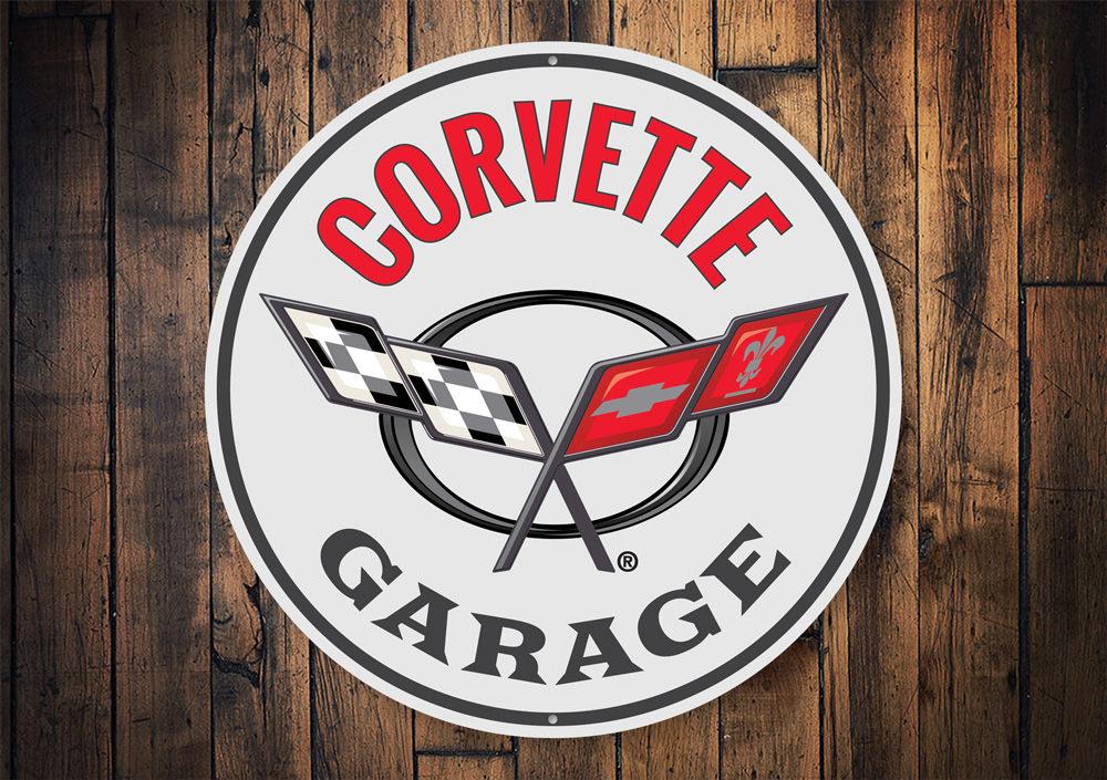 Corvette Garage Car Sign featuring a classic design, made of high-quality aluminum, perfect for garage or man cave decoration.