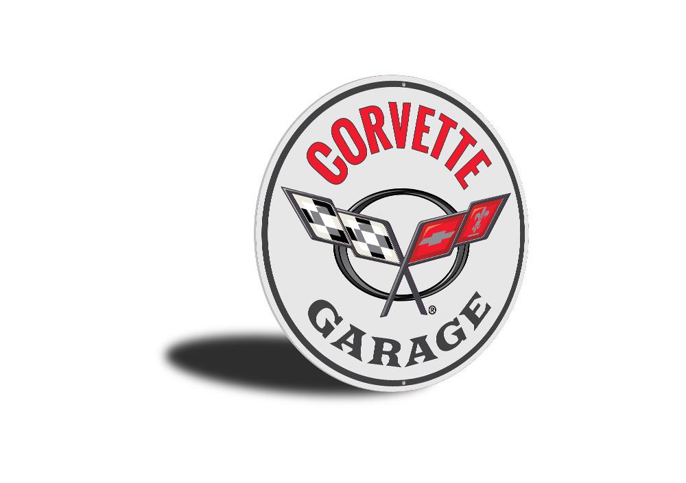 Corvette Garage Car Sign featuring a classic design, made of high-quality aluminum, perfect for garage or man cave decoration.