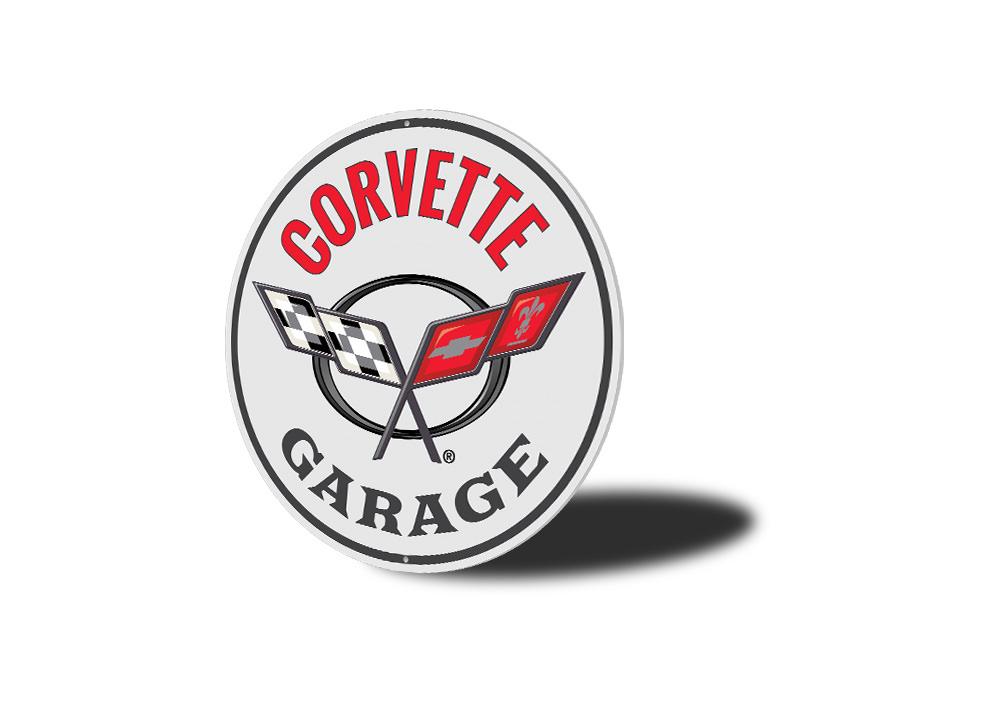 Corvette Garage Car Sign featuring a classic design, made of high-quality aluminum, perfect for garage or man cave decoration.