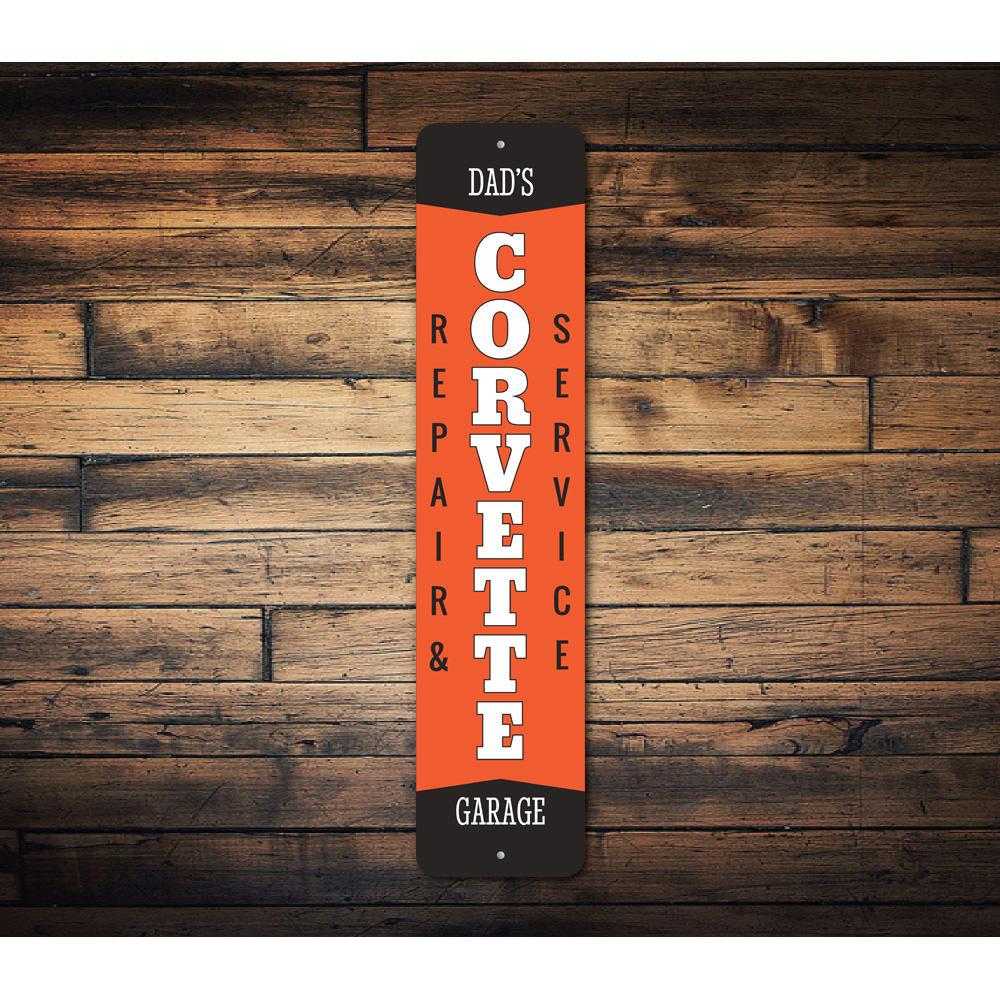 Corvette Garage Repair Sign made of high-quality aluminum, featuring vibrant colors and a sleek design, perfect for car enthusiasts.