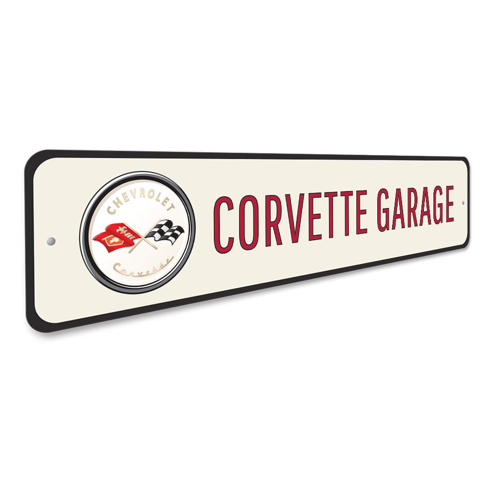 A stylish Corvette Garage Sign made from high-quality aluminum, featuring vibrant colors and customizable text options, perfect for car enthusiasts.