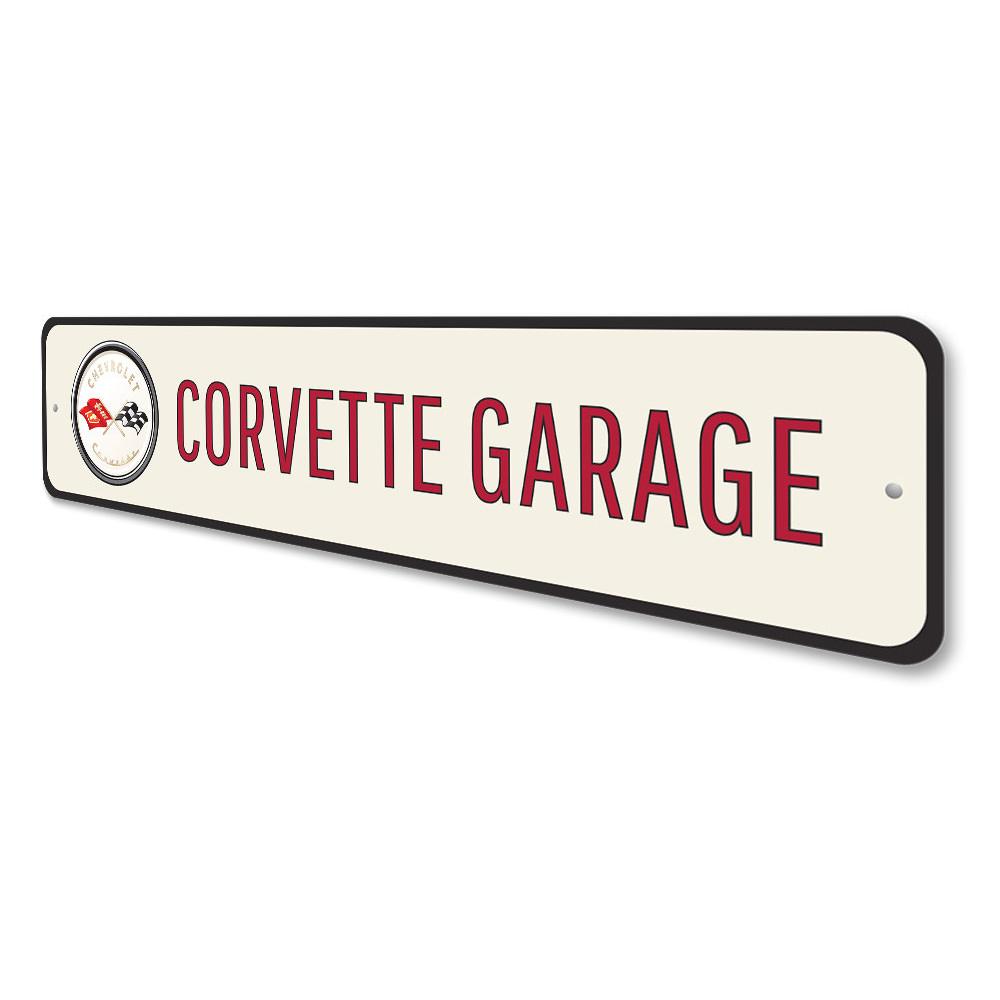 A stylish Corvette Garage Sign made from high-quality aluminum, featuring vibrant colors and customizable text options, perfect for car enthusiasts.