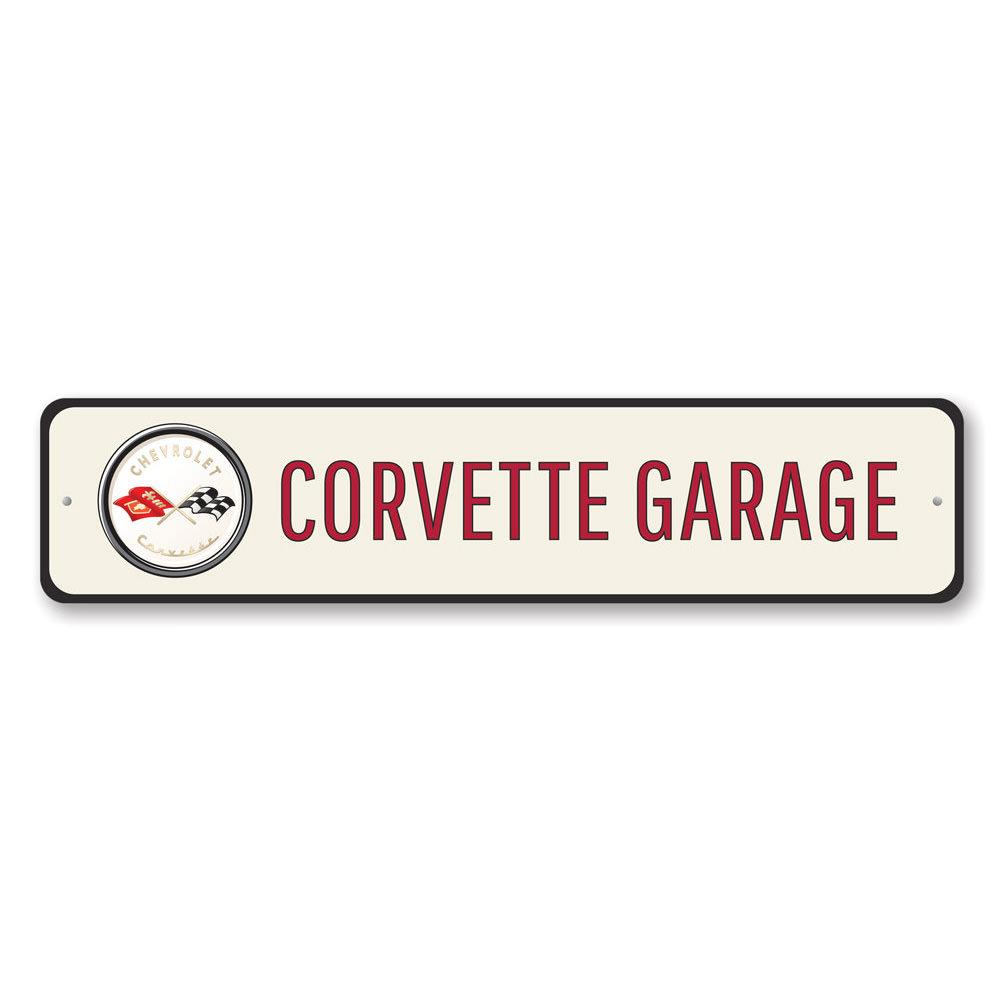 A stylish Corvette Garage Sign made from high-quality aluminum, featuring vibrant colors and customizable text options, perfect for car enthusiasts.