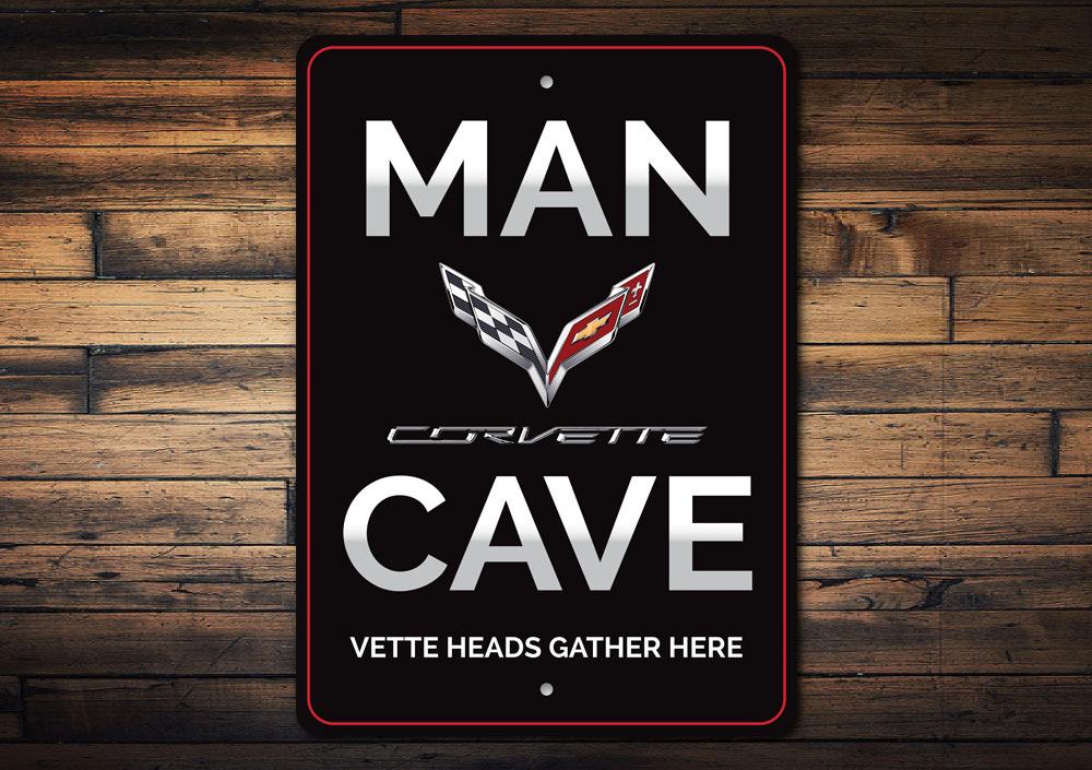 Corvette Man Cave Sign made of high-quality aluminum, featuring vibrant colors and customizable text options, perfect for car enthusiasts.