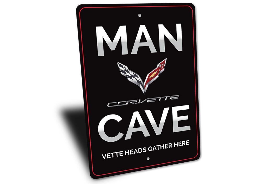 Corvette Man Cave Sign made of high-quality aluminum, featuring vibrant colors and customizable text options, perfect for car enthusiasts.