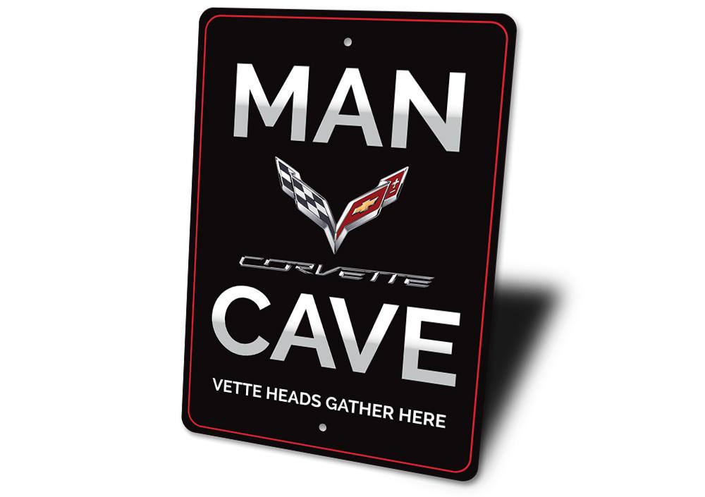 Corvette Man Cave Sign made of high-quality aluminum, featuring vibrant colors and customizable text options, perfect for car enthusiasts.