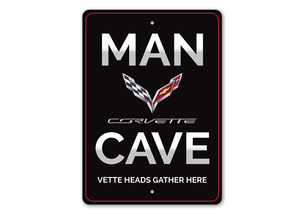 Corvette Man Cave Sign made of high-quality aluminum, featuring vibrant colors and customizable text options, perfect for car enthusiasts.