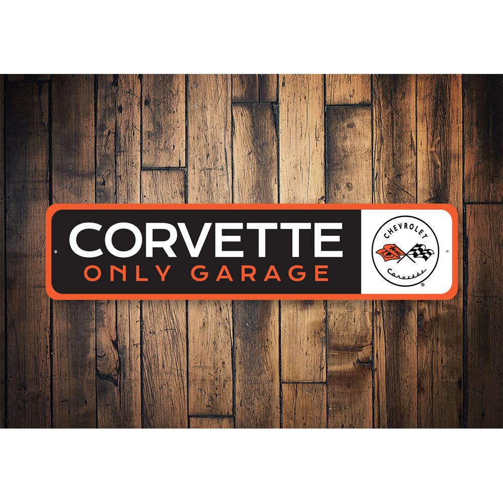 Corvette Only Garage Sign made of quality aluminum, featuring vibrant colors and pre-drilled holes for easy mounting.