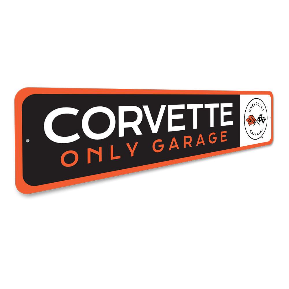 Corvette Only Garage Sign made of quality aluminum, featuring vibrant colors and pre-drilled holes for easy mounting.