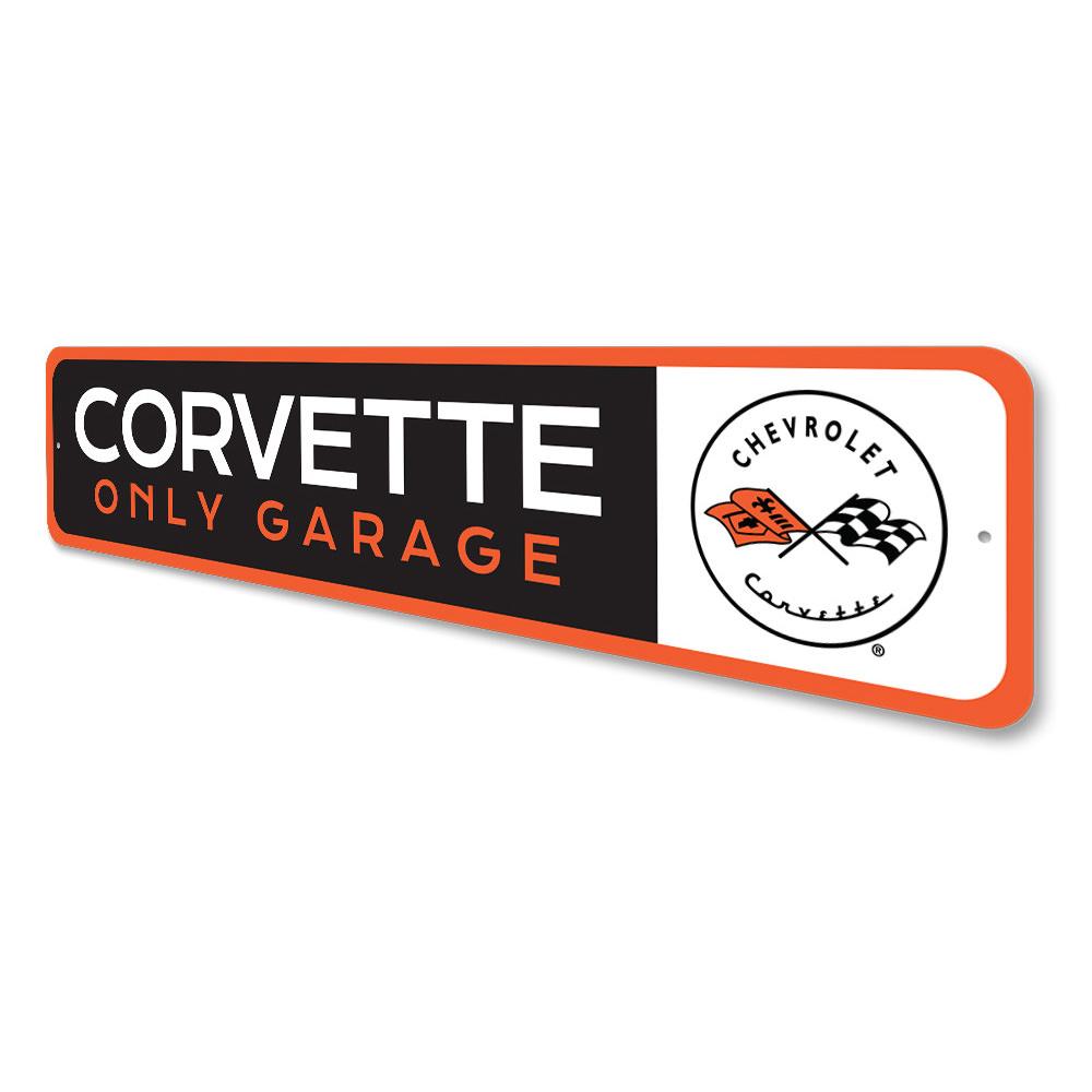 Corvette Only Garage Sign made of quality aluminum, featuring vibrant colors and pre-drilled holes for easy mounting.