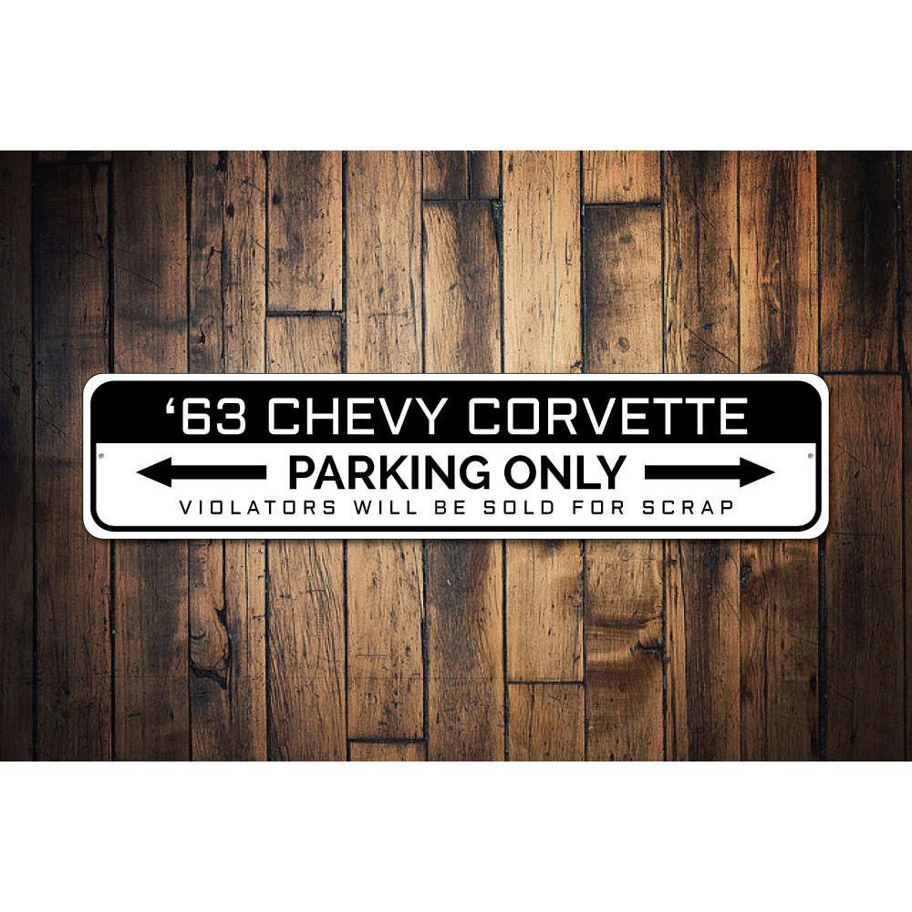 Corvette Parking Only Sign made of durable aluminum, featuring vibrant colors and customizable text, perfect for garages and man caves.