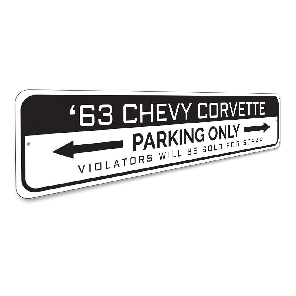 Corvette Parking Only Sign made of durable aluminum, featuring vibrant colors and customizable text, perfect for garages and man caves.