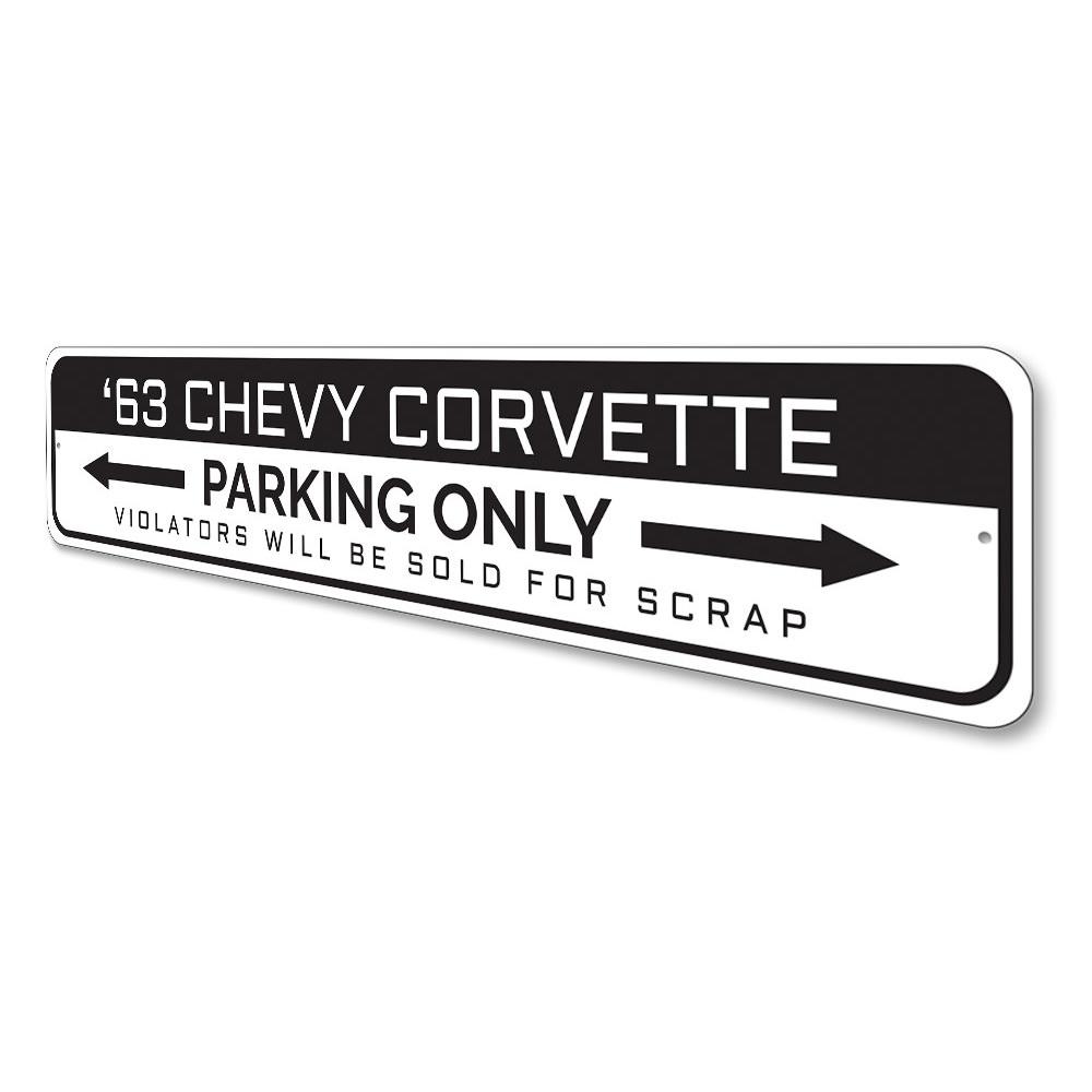 Corvette Parking Only Sign made of durable aluminum, featuring vibrant colors and customizable text, perfect for garages and man caves.