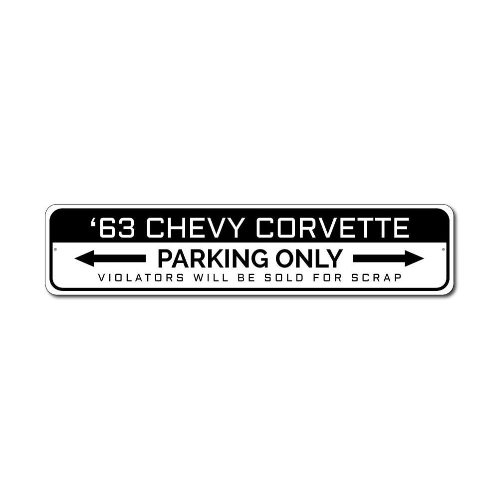 Corvette Parking Only Sign made of durable aluminum, featuring vibrant colors and customizable text, perfect for garages and man caves.