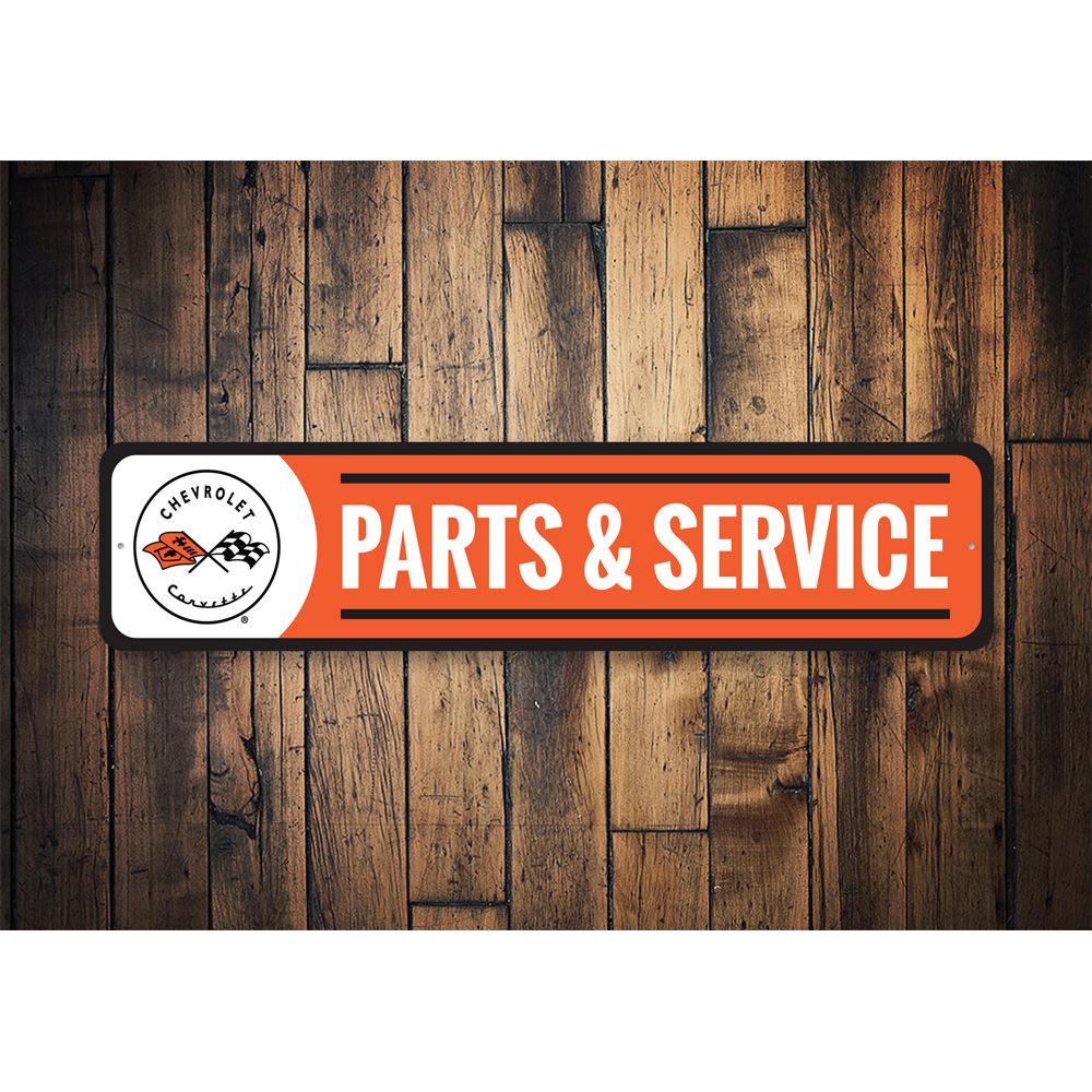 Corvette Parts and Service Sign made of high-quality aluminum, featuring customizable text and pre-drilled holes for easy mounting.