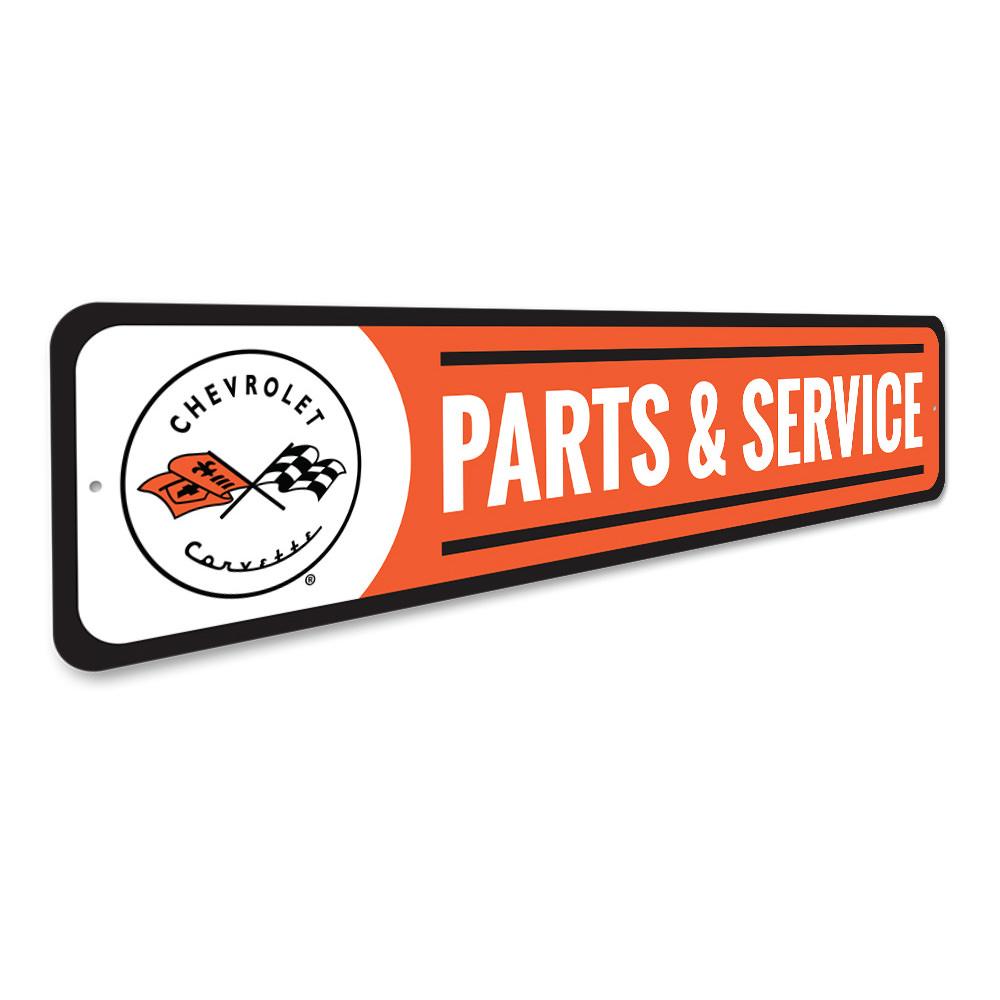 Corvette Parts and Service Sign made of high-quality aluminum, featuring customizable text and pre-drilled holes for easy mounting.