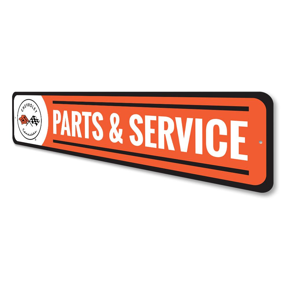 Corvette Parts and Service Sign made of high-quality aluminum, featuring customizable text and pre-drilled holes for easy mounting.