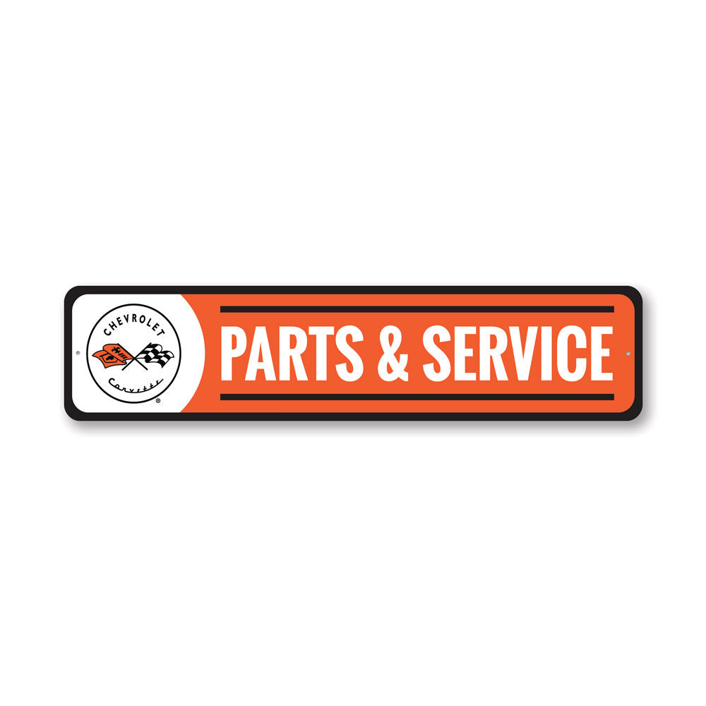 Corvette Parts and Service Sign made of high-quality aluminum, featuring customizable text and pre-drilled holes for easy mounting.