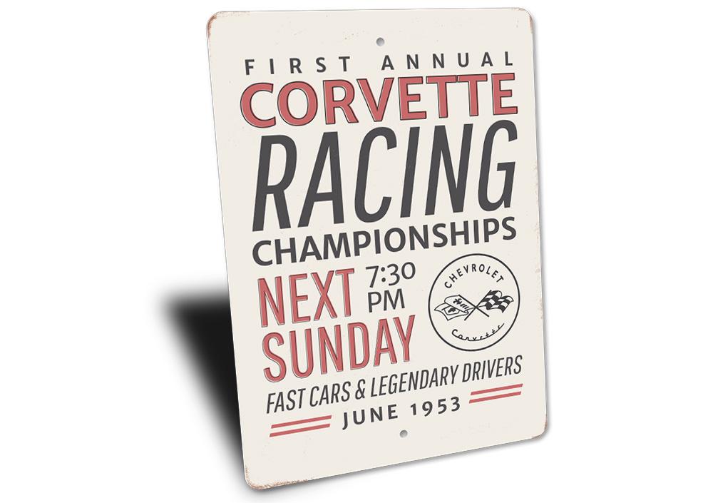 Corvette Racing Championship Sign featuring vibrant colors and durable aluminum material, perfect for garages and man caves.