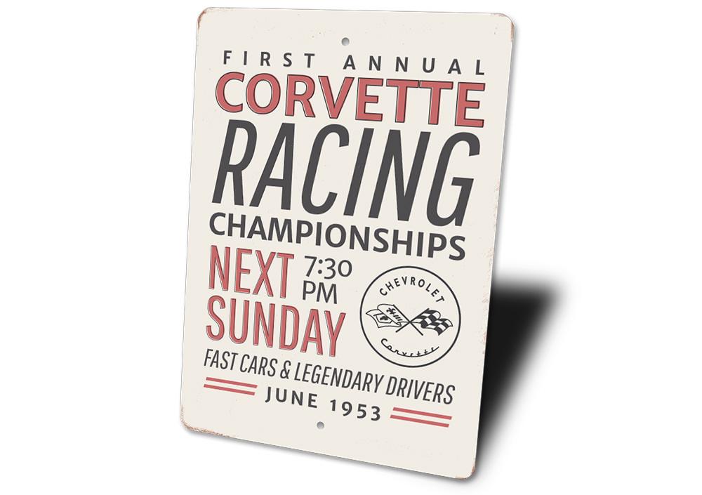 Corvette Racing Championship Sign featuring vibrant colors and durable aluminum material, perfect for garages and man caves.