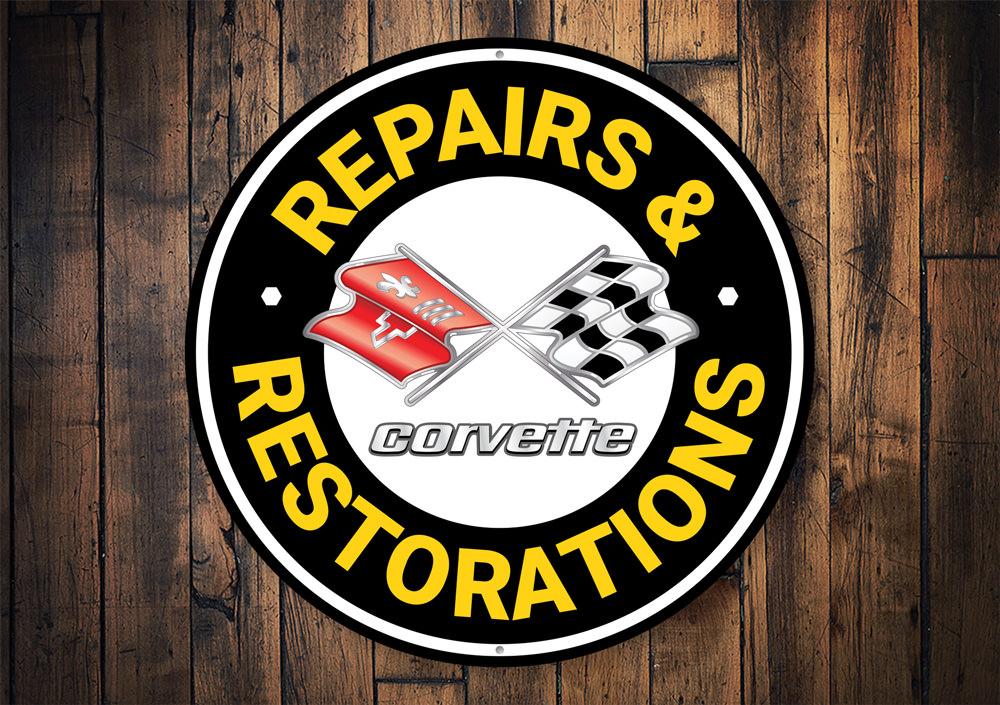 Corvette Repairs and Restoration Car Sign made of high-quality aluminum, featuring customizable text and pre-drilled holes for easy mounting.