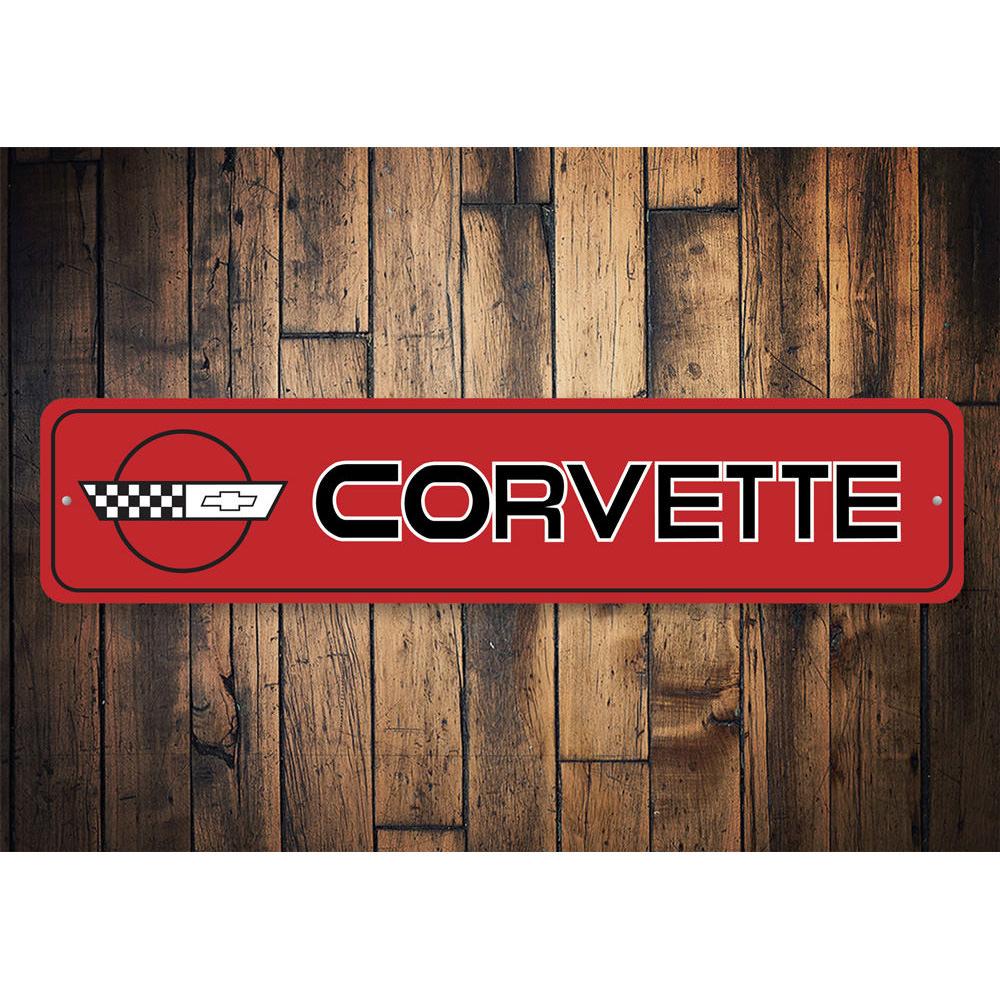 Customizable aluminum Corvette sign for garages and man caves, showcasing vibrant colors and quality craftsmanship.