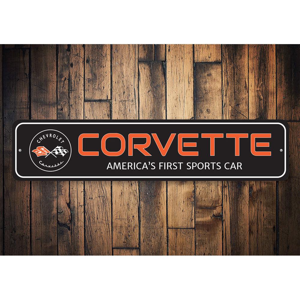 A vibrant Corvette Sports Car Sign made of high-quality aluminum, featuring a classic design perfect for garages and man caves.