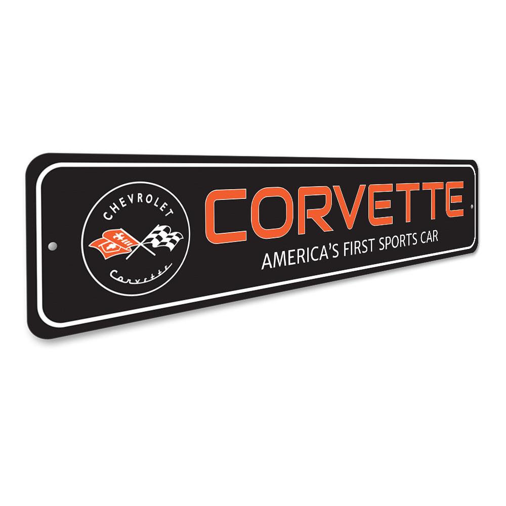 A vibrant Corvette Sports Car Sign made of high-quality aluminum, featuring a classic design perfect for garages and man caves.