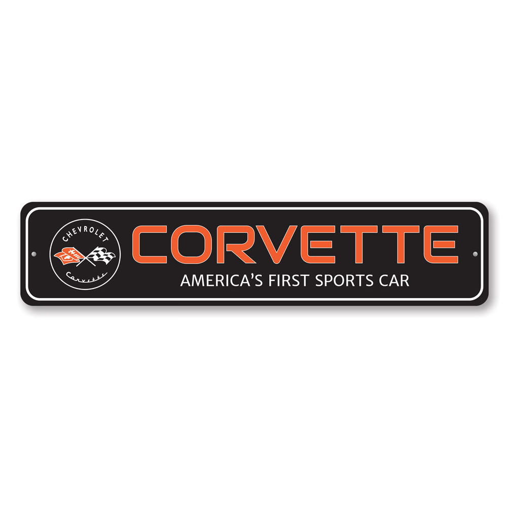 A vibrant Corvette Sports Car Sign made of high-quality aluminum, featuring a classic design perfect for garages and man caves.