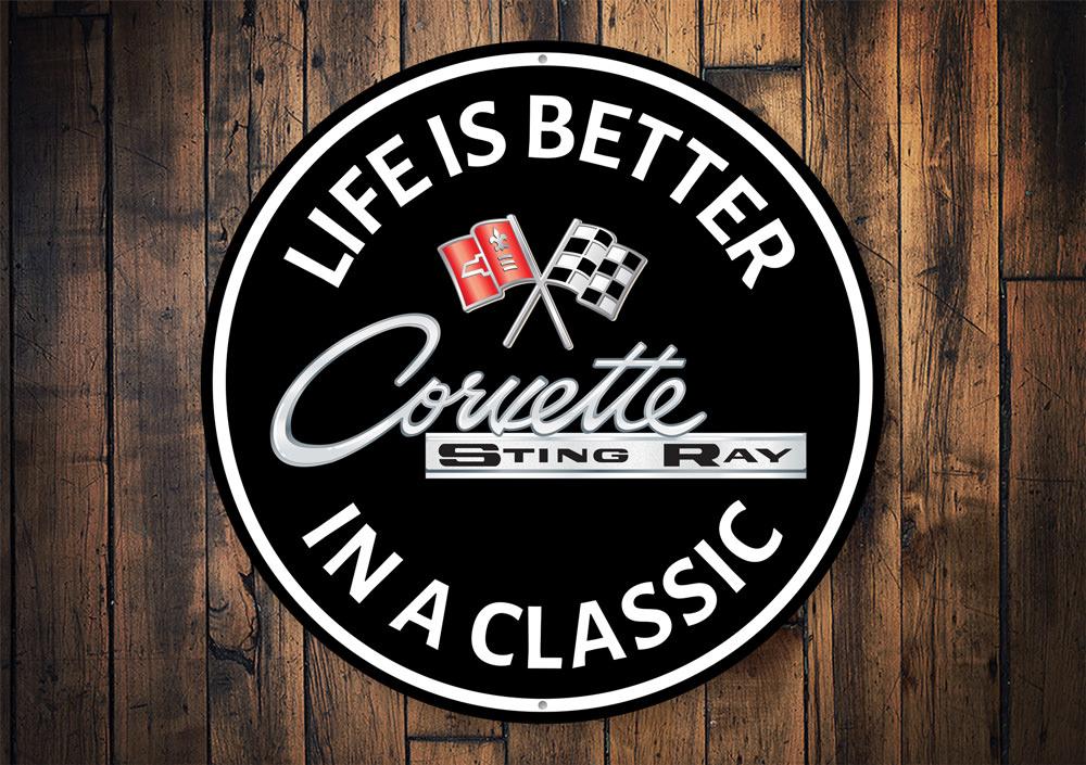 Corvette Sting Ray Classic Car Sign made of high-quality aluminum, featuring vibrant colors and pre-drilled holes for easy mounting.