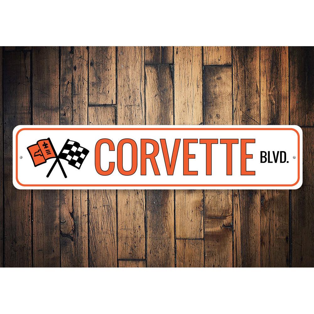 A vibrant Corvette street sign made of aluminum, showcasing the iconic Corvette logo, perfect for garages and man caves.