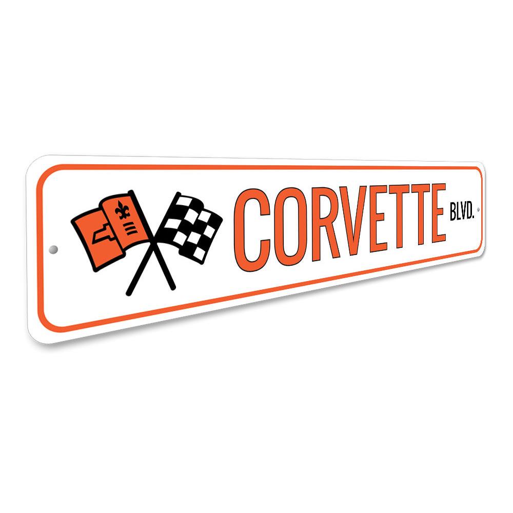 A vibrant Corvette street sign made of aluminum, showcasing the iconic Corvette logo, perfect for garages and man caves.