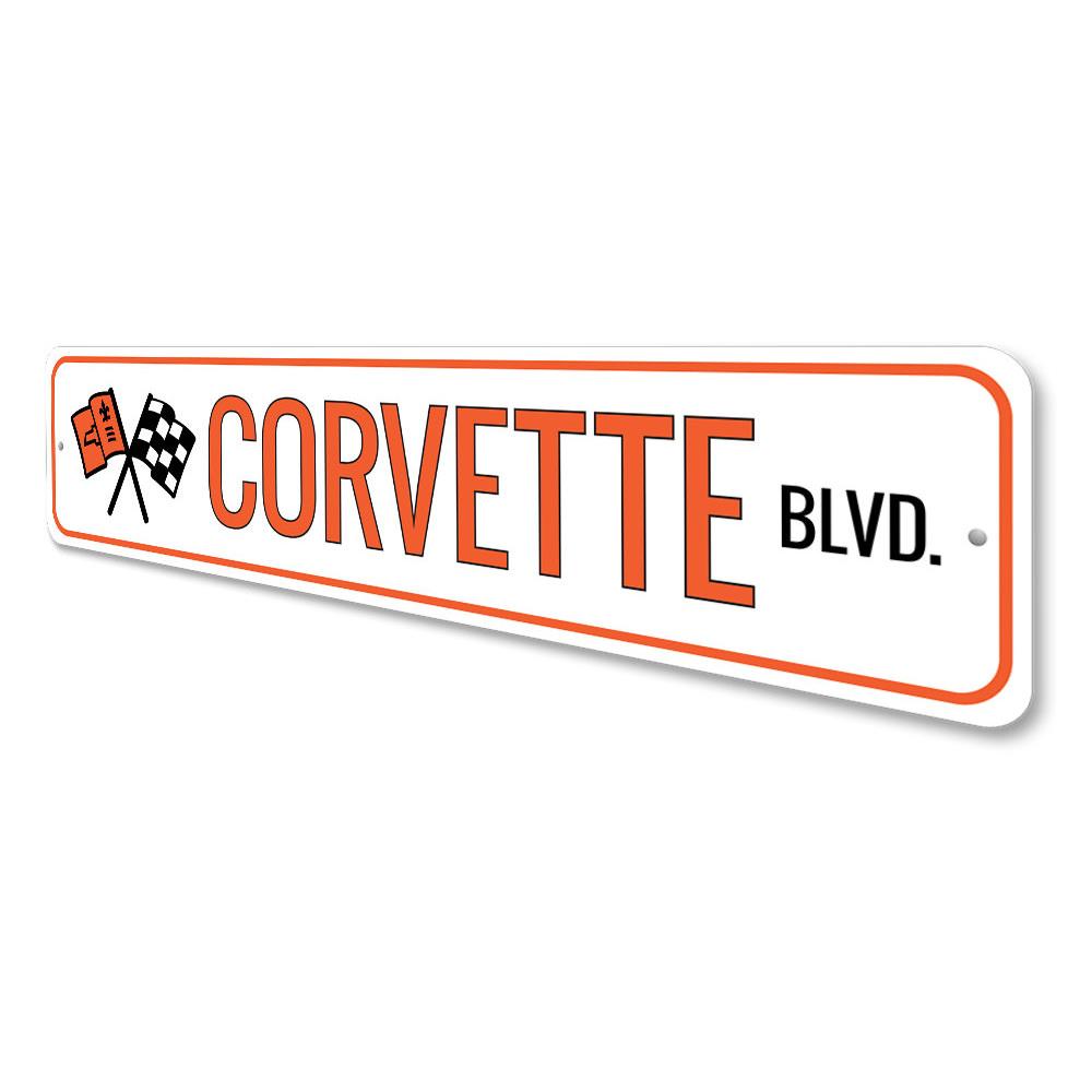 A vibrant Corvette street sign made of aluminum, showcasing the iconic Corvette logo, perfect for garages and man caves.