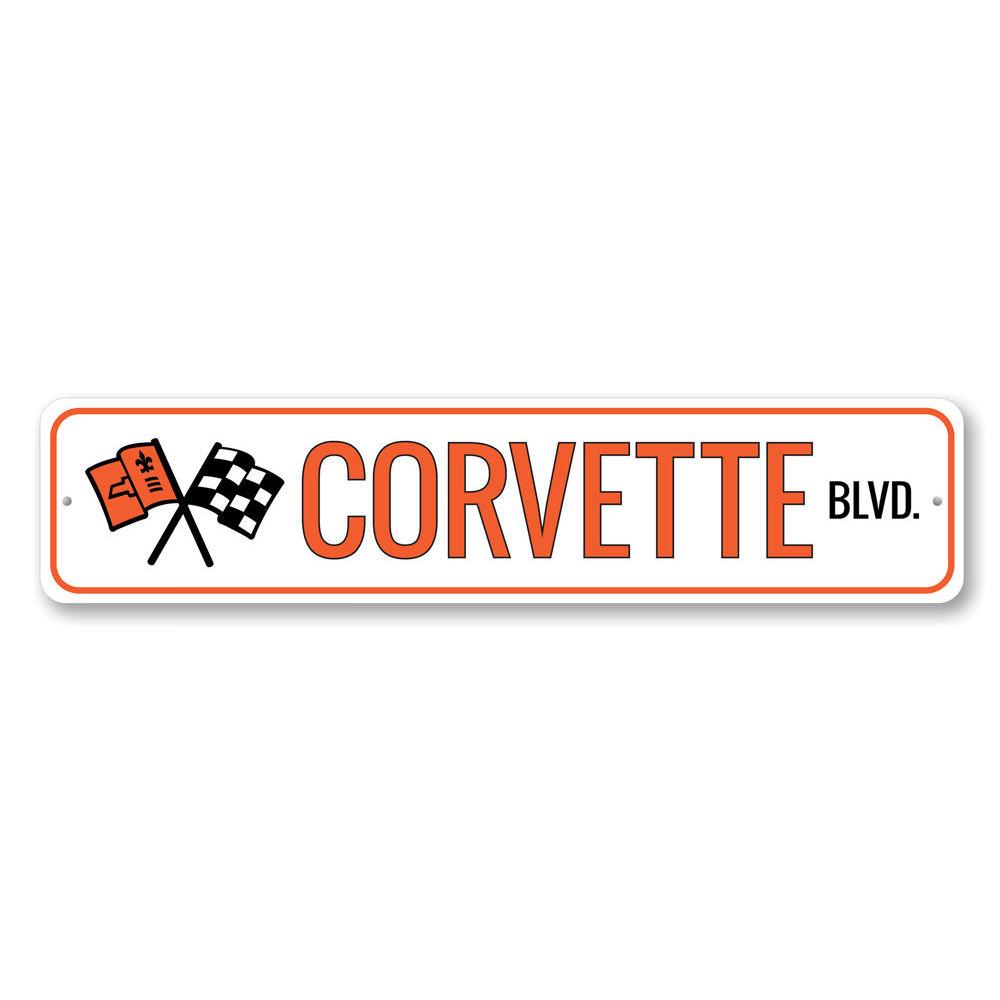 A vibrant Corvette street sign made of aluminum, showcasing the iconic Corvette logo, perfect for garages and man caves.