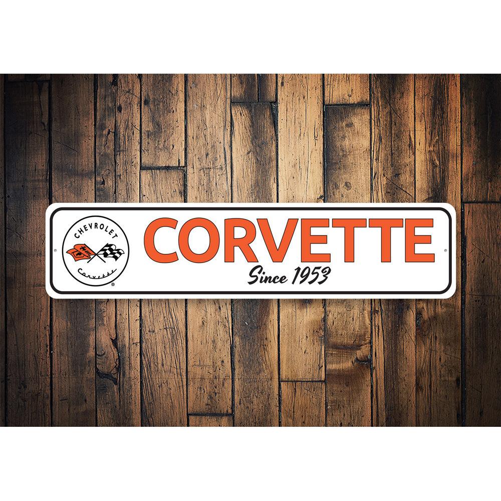 Customizable Corvette Year Sign made from durable aluminum, featuring pre-drilled holes for easy mounting.