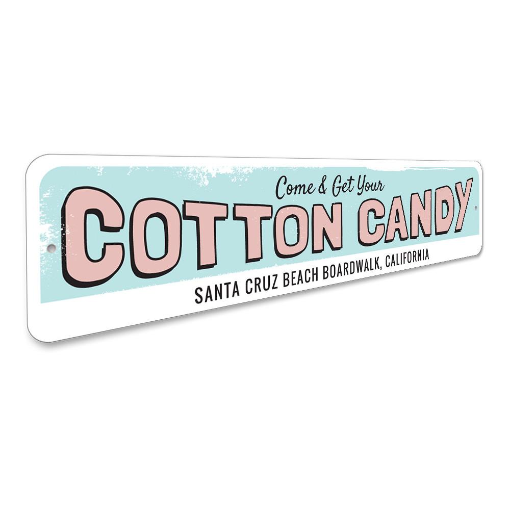 A vibrant Cotton Candy Sign made of high-quality aluminum, featuring colorful graphics and customizable text, perfect for beach-themed decor.