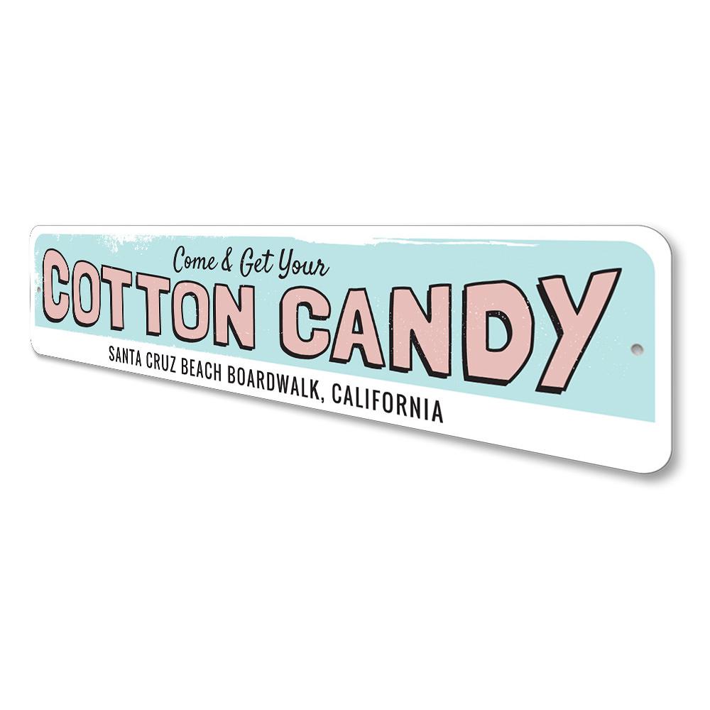 A vibrant Cotton Candy Sign made of high-quality aluminum, featuring colorful graphics and customizable text, perfect for beach-themed decor.