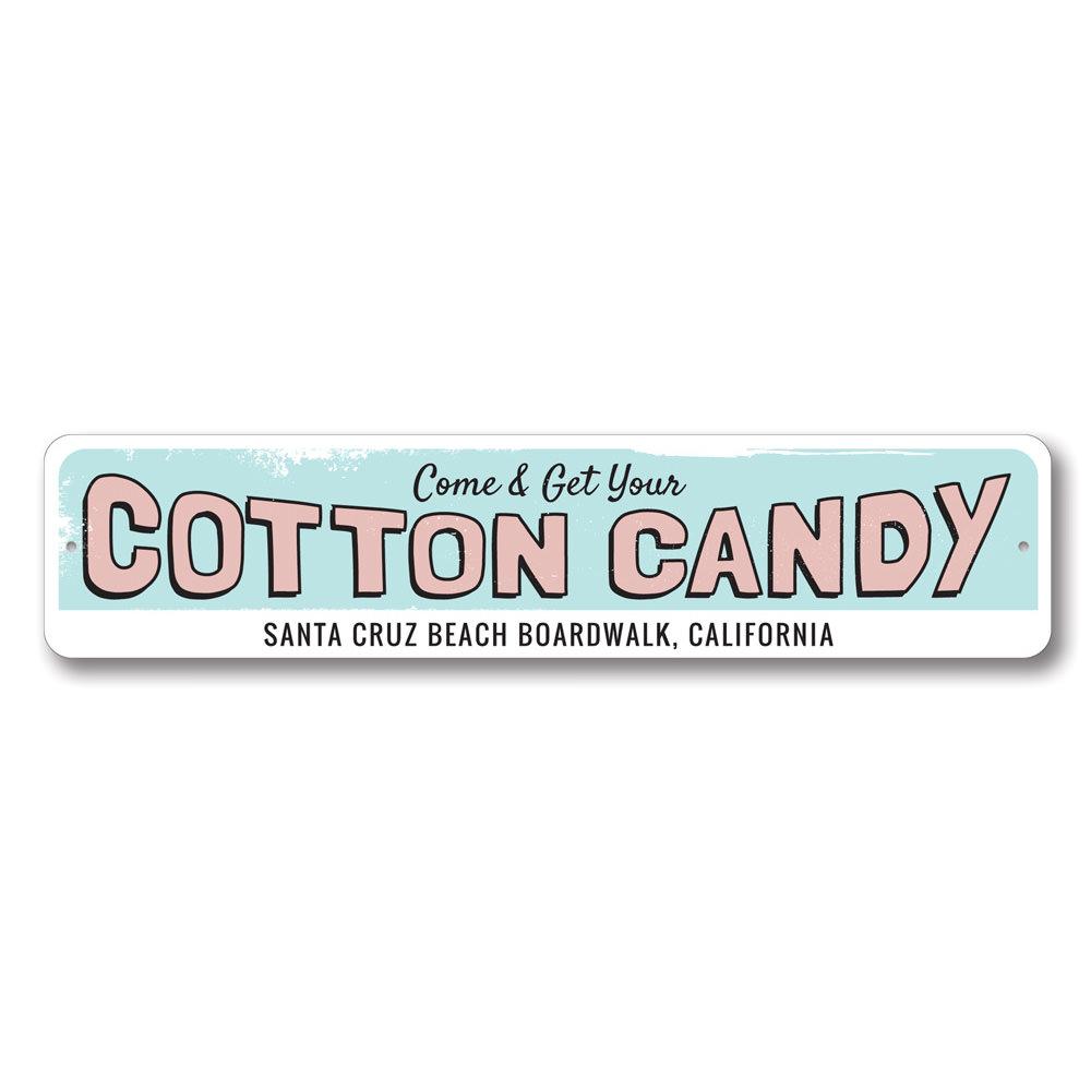 A vibrant Cotton Candy Sign made of high-quality aluminum, featuring colorful graphics and customizable text, perfect for beach-themed decor.