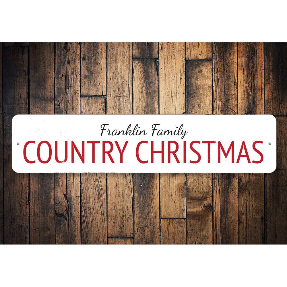 A beautifully crafted Country Christmas Sign made of high-quality aluminum, featuring festive designs and customizable text options, perfect for holiday decor.