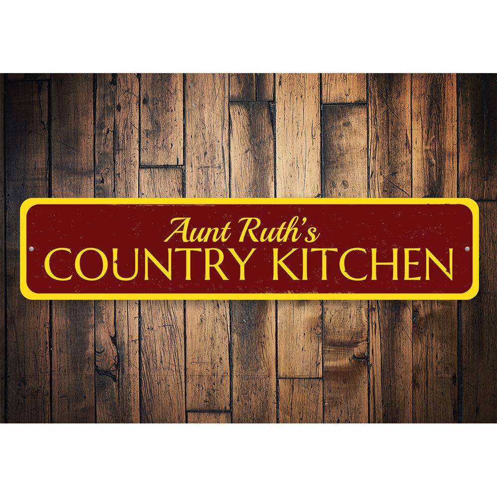 A beautifully crafted Country Kitchen Sign made of high-quality aluminum, featuring customizable text and pre-drilled holes for easy mounting.