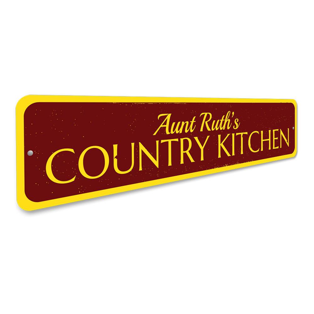 A beautifully crafted Country Kitchen Sign made of high-quality aluminum, featuring customizable text and pre-drilled holes for easy mounting.