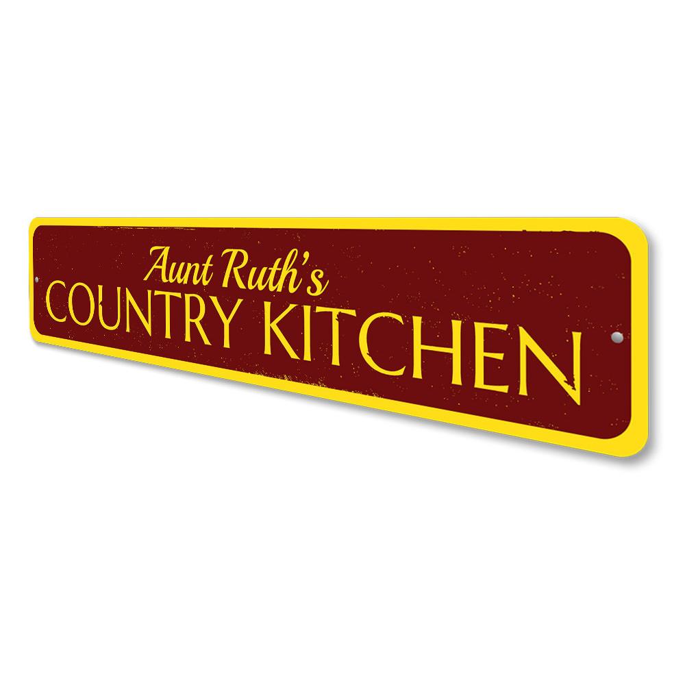 A beautifully crafted Country Kitchen Sign made of high-quality aluminum, featuring customizable text and pre-drilled holes for easy mounting.