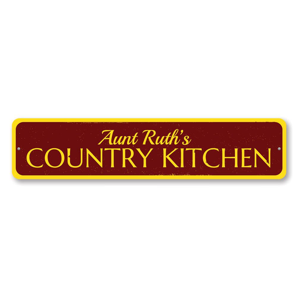 A beautifully crafted Country Kitchen Sign made of high-quality aluminum, featuring customizable text and pre-drilled holes for easy mounting.