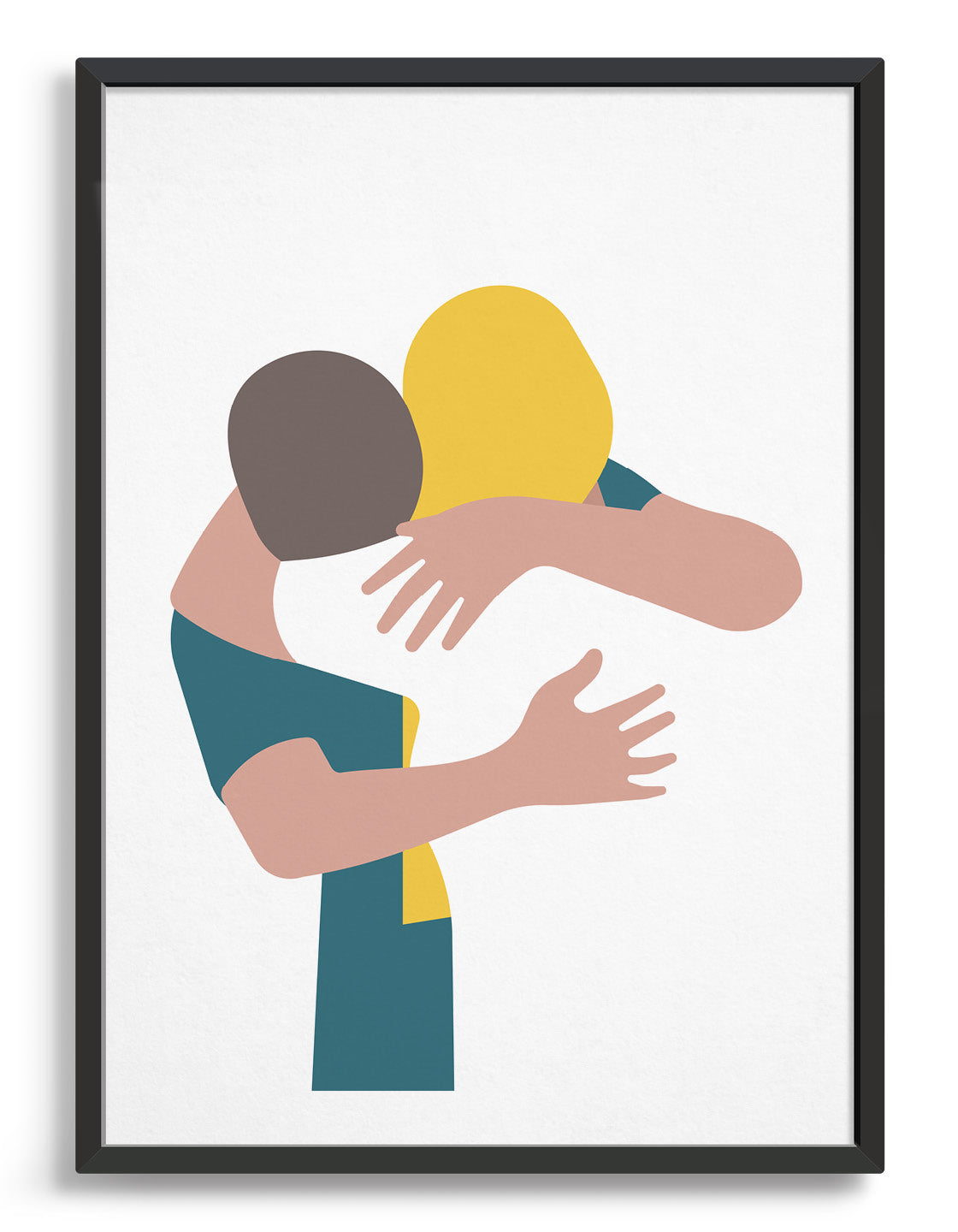 Minimalist print of a couple embracing, available in white or blue, perfect for modern home decor.