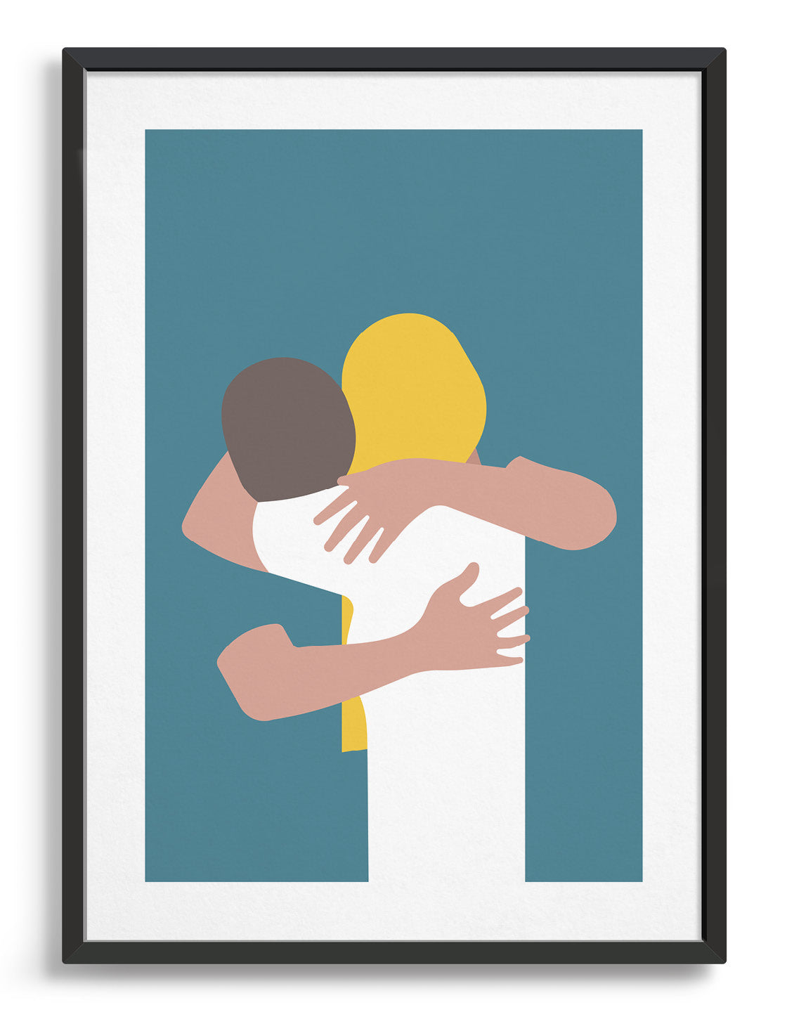 Minimalist print of a couple embracing, available in white or blue, perfect for modern home decor.