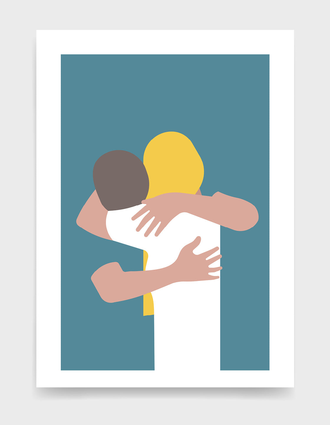 Minimalist print of a couple embracing, available in white or blue, perfect for modern home decor.