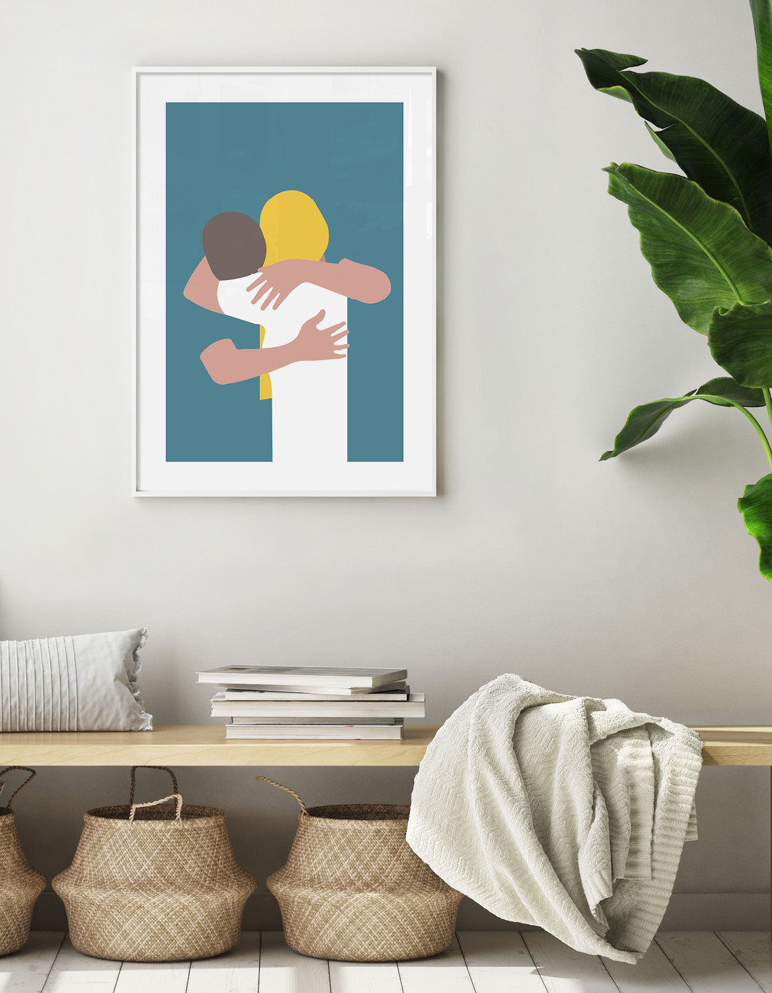 Minimalist print of a couple embracing, available in white or blue, perfect for modern home decor.