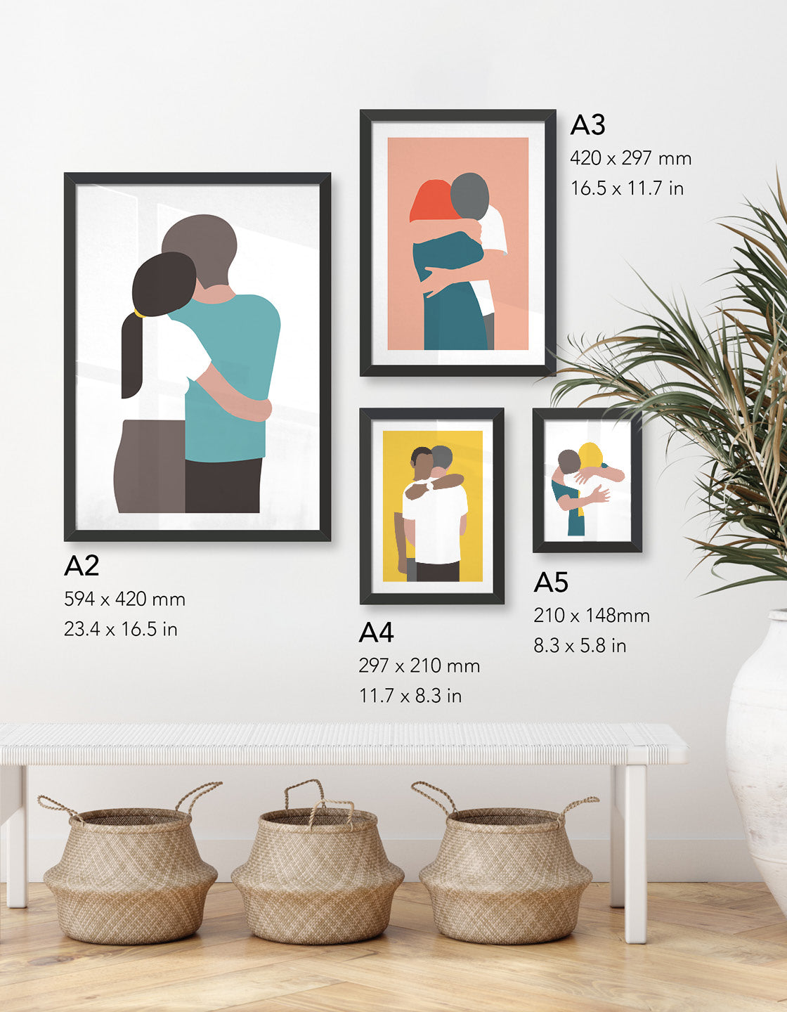 Minimalist print of a couple embracing, available in white or blue, perfect for modern home decor.